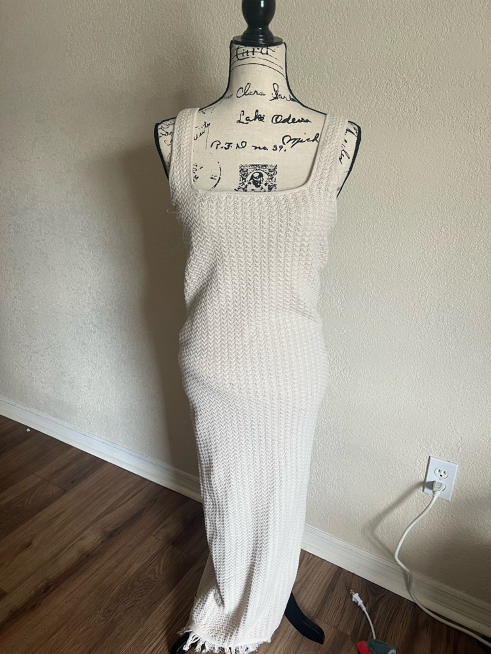 Classic Sleeveless Ivory Knit Maxi Dress with Square Neck
